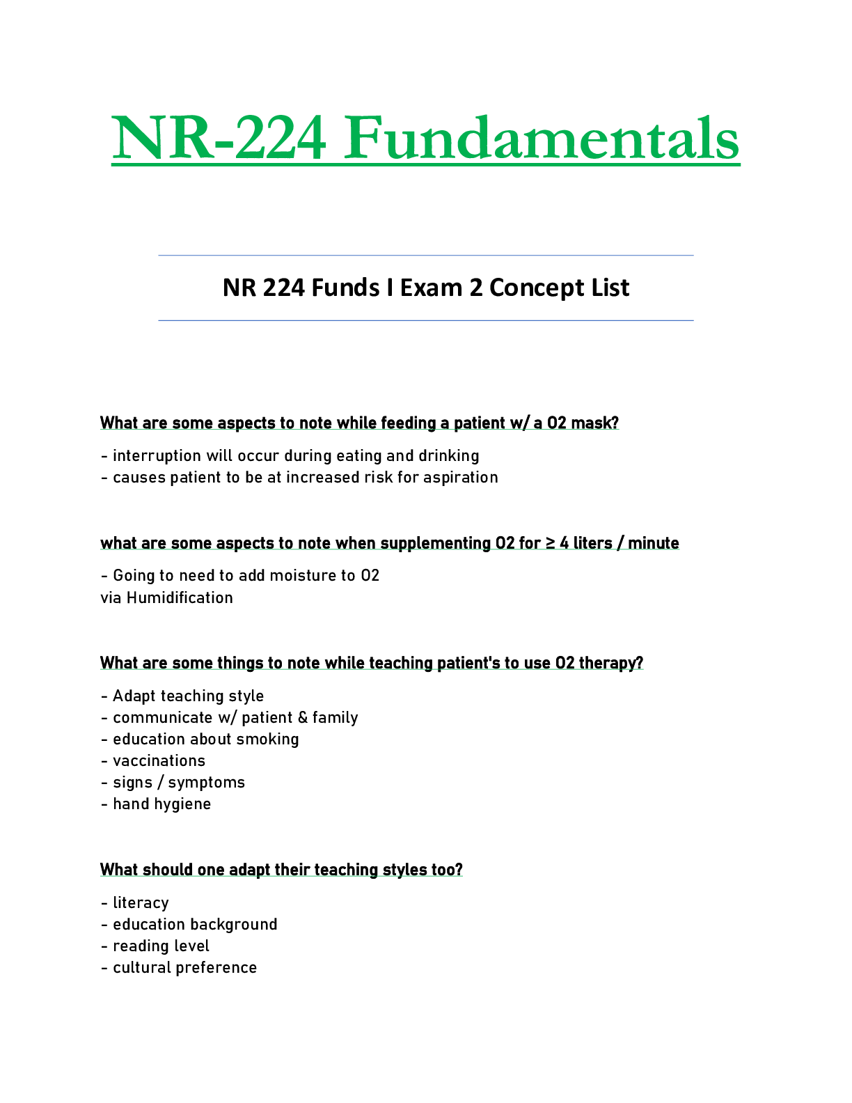 Recommended document preview for NR224 / NR 224 Exam 2 Concept List Updated Fundamentals - Chamberlain
